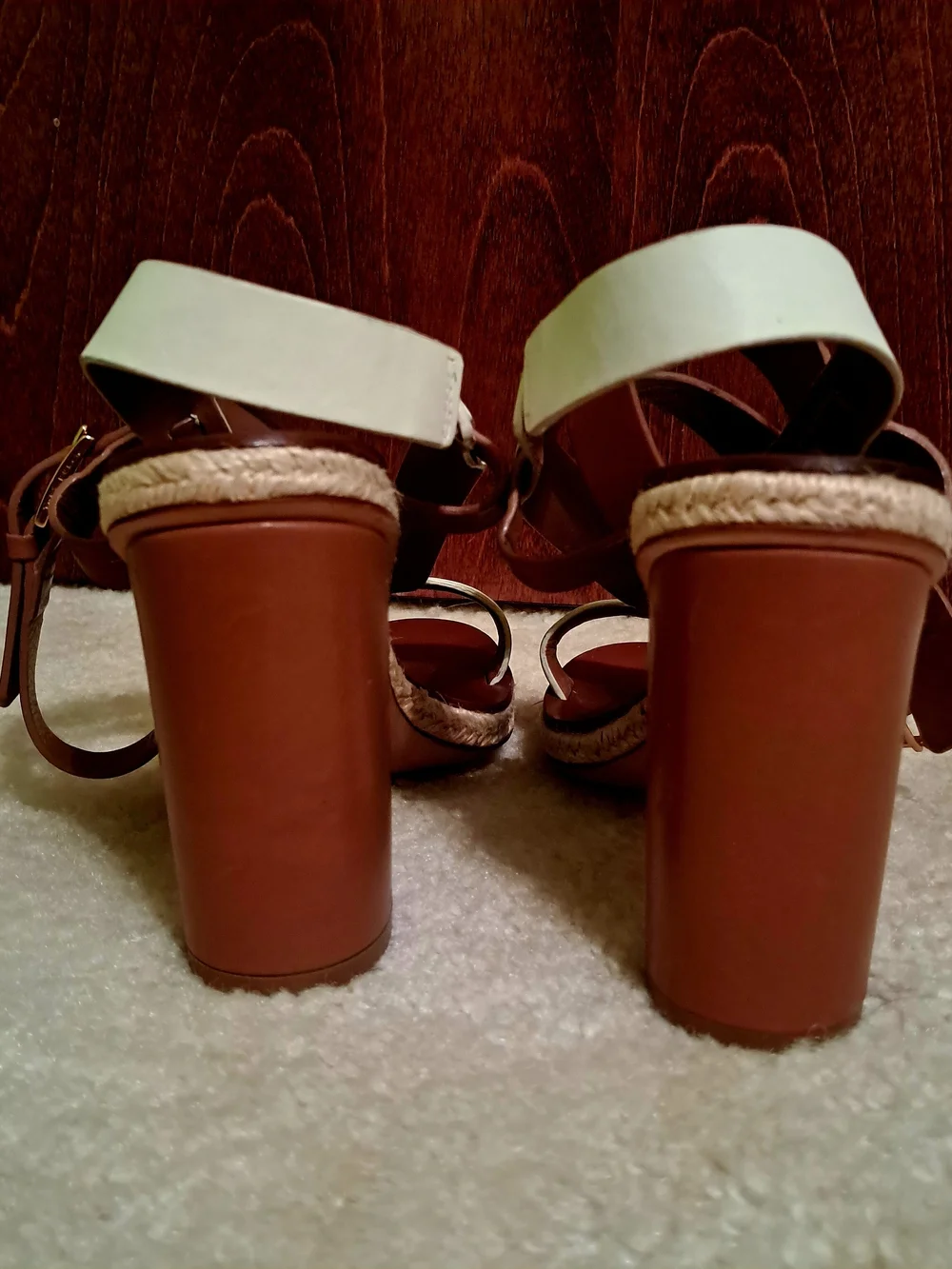 Tory Burch Two-Tone White and Brown Strappy Block Heel Sandal